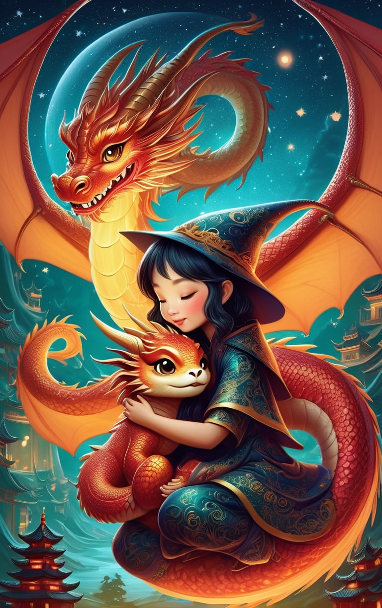 dreamy, pop surrealism, concept art illustration || "a cute witch hugging giant cute chinese dragon", fun adorable sweet, sparkles, lunar new year, || whimsical, impossible dream, fantasycore art, semirealistic, dan mumford and anna dittmann, chris riddell,PetDragon2024xl