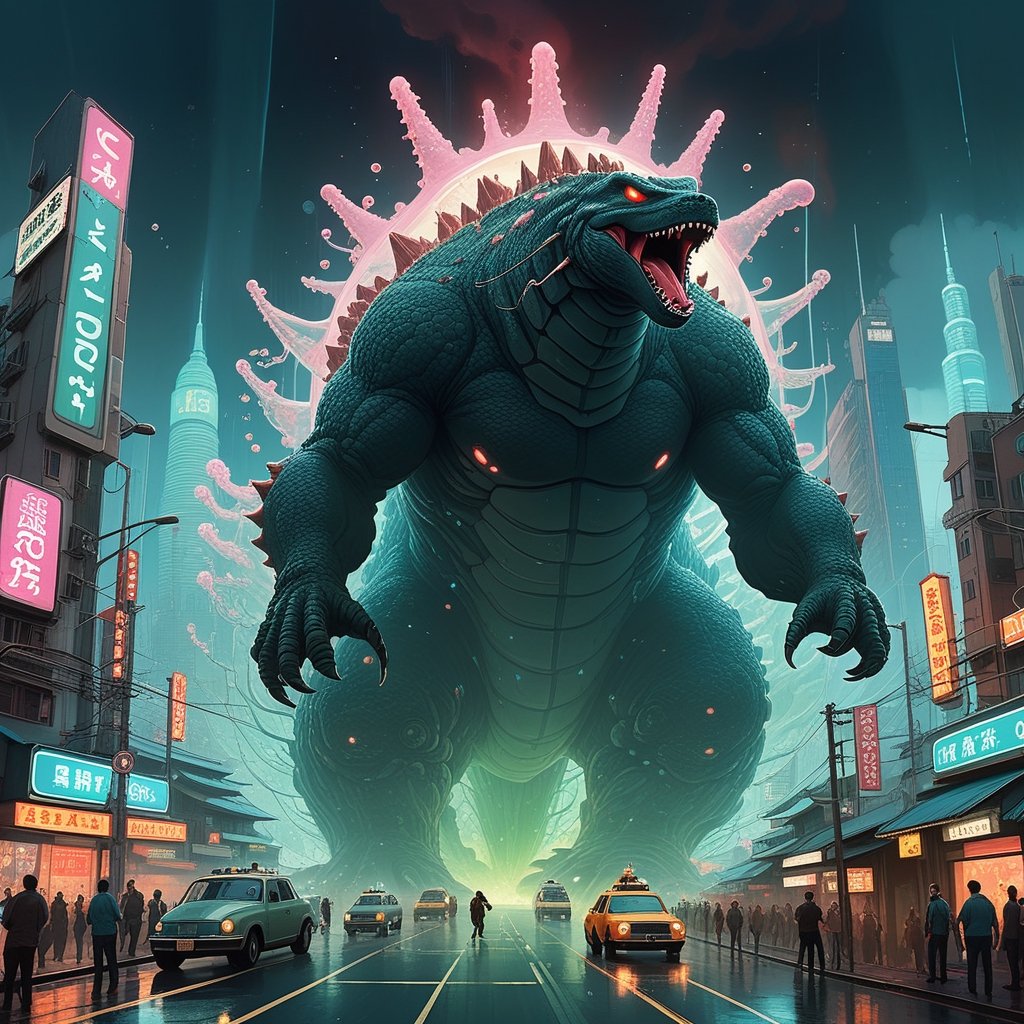 by cyril rolando, Ismail Inceoglu & Atey Ghailan & Victo Ngai & Alan Lee & James Gilleard :: 2kaiju, 100-meter-tall clear-transparent-amoeba gelatinous-blob, fighting with godzilla, stomping on industrialized futuristic synthwave japanese-themed city, clear amoeba with glowing organelles :: panic & running & escape :: mayhem :: mass hysteria :: smoke & explosions :: planetary crisis :: cautionary tale :: cyberpunk palette