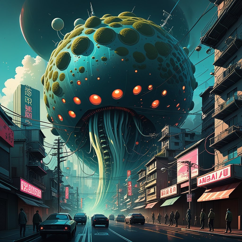 by cyril rolando, Ismail Inceoglu & Atey Ghailan & Victo Ngai & Alan Lee & James Gilleard :: 100-meter-tall amoeba blob kaiju stomping on industrialized futuristic synthwave japanese-themed city, clear amoeba with glowing organelles :: panic & running & escape :: mayhem :: mass hysteria :: smoke & explosions :: planetary crisis :: cautionary tale :: cyberpunk palette