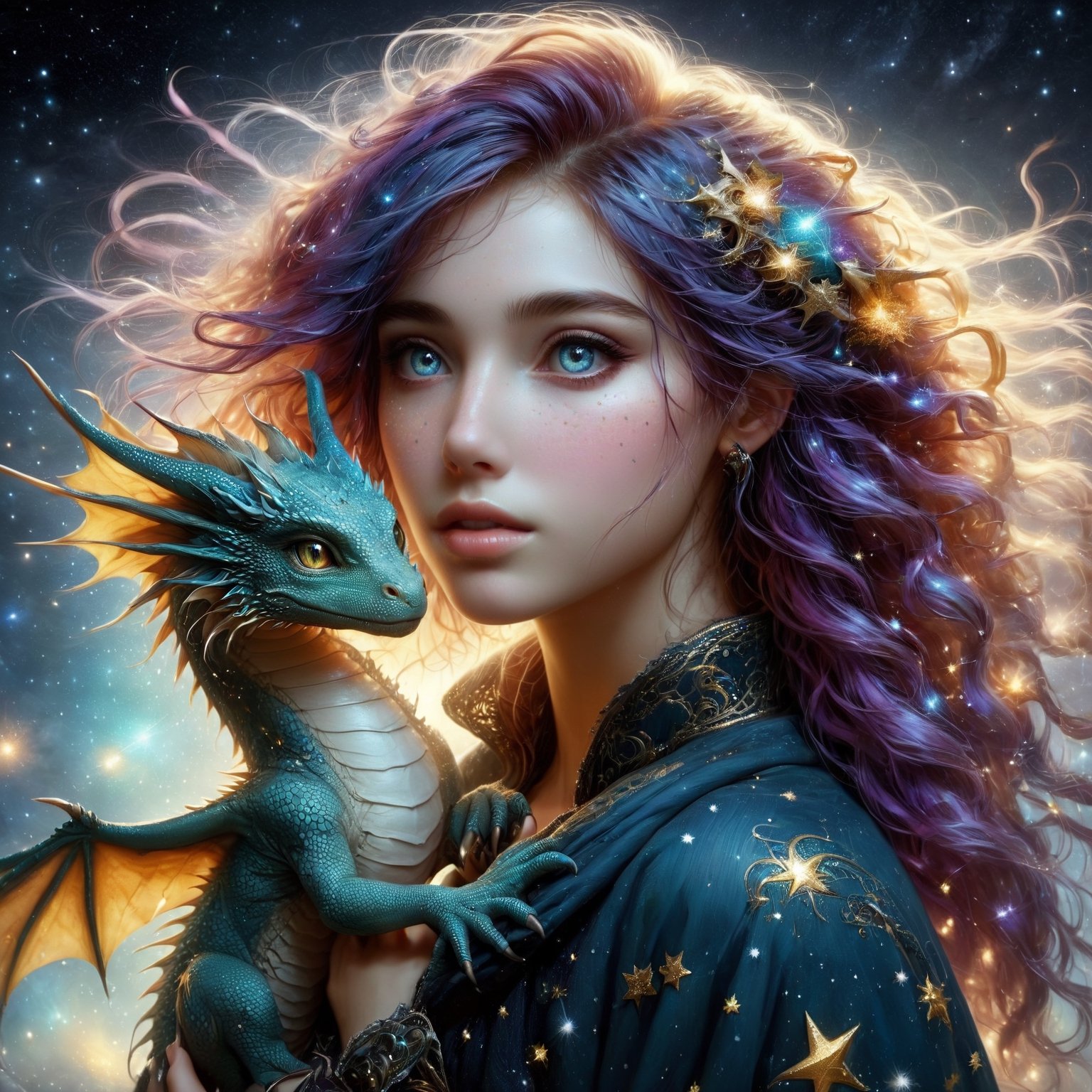 {{best quality}}, {{masterpiece}}, {{ultra-detailed}}, {illustration}, {detailed light}, {an extremely delicate and beautiful}, profile view or 3/4 face, a girl holding a cute dragon, {beautiful detailed eyes}, stars in the eyes, messy floating hair, colored inner hair, Starry sky adorns hair, depth of field,detailed eyes, PetDragon2024xl, splash art