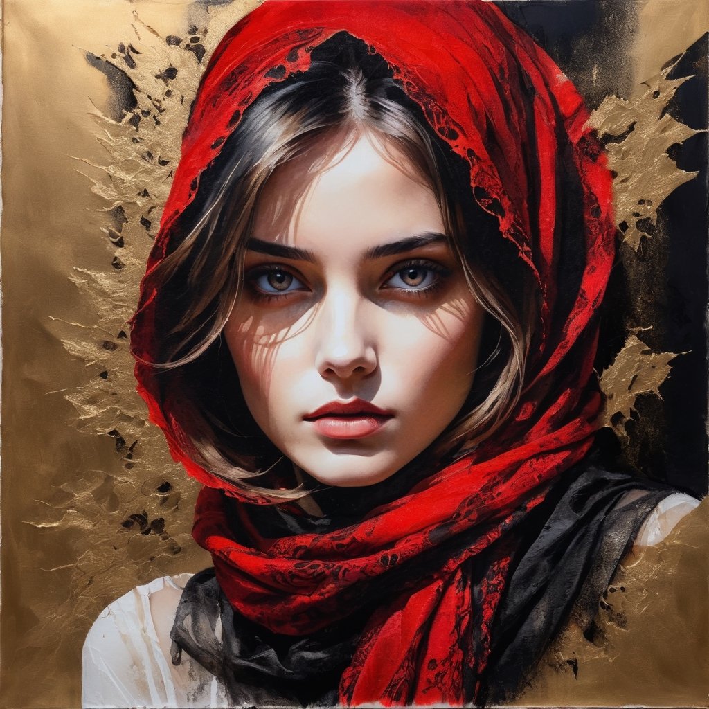 breathtaking portrait of a gorgeous girl, red scarf, dark gold and black, gossamer fabrics, jagged edges, eye-catching detail, insanely intricate, vibrant light and shadow , beauty, paintings on panel, textured background, captivating, stencil art, style of oil painting, modern ink, watercolor , brush strokes, negative white space