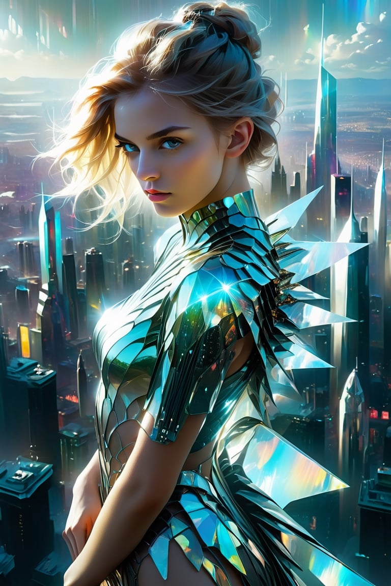 an oil painting of a beautiful young caucasian woman 21 years old, cyberpunk futuristic with cyan, translucent plastic, amber, and neon theme, Full body, crystal, Royal princess on a viewpoint look at the Futuristic city below wearing finery on beautiful translucent body, by wlop and richard schmid, loose brushstrokes, Broken Glass effect, no background, stunning, something that even doesn't exist, mythical being, energy, molecular, textures, iridescent and luminescent scales, breathtaking beauty, pure perfection, divine presence, unforgettable, impressive, breathtaking beauty, Volumetric light, auras, rays, vivid colors reflects, Broken Glass effect, no background, stunning, something that even doesn't exist, mythical being, energy, molecular, textures, iridescent and luminescent scales, breathtaking beauty, pure perfection, divine presence, unforgettable, impressive, breathtaking beauty, Volumetric light, auras, rays, vivid colors reflects, UTOPIA, UTOPIAN,eyes shoot,oil paint ,EpicSky