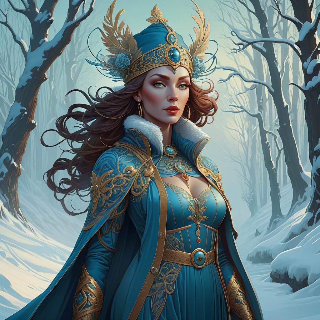 Illustration of a winter muse, by Ivan Bilibin and peter mohrbacher, james jean and anna dittmann, character design, digital illustration, awesome background, 8k resolution