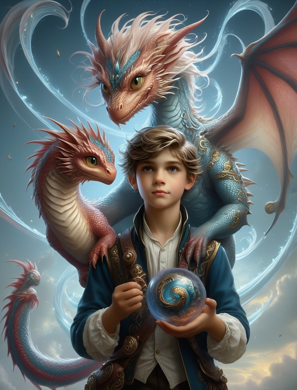 {{best quality}}, {{masterpiece}}, {{ultra-detailed}}, {illustration}, "1boy holding a tiny grumpy dragon with ornate swirling scales", highly detailed, absurdres, smooth finish, PetDragon2024xl,art_booster,real_booster