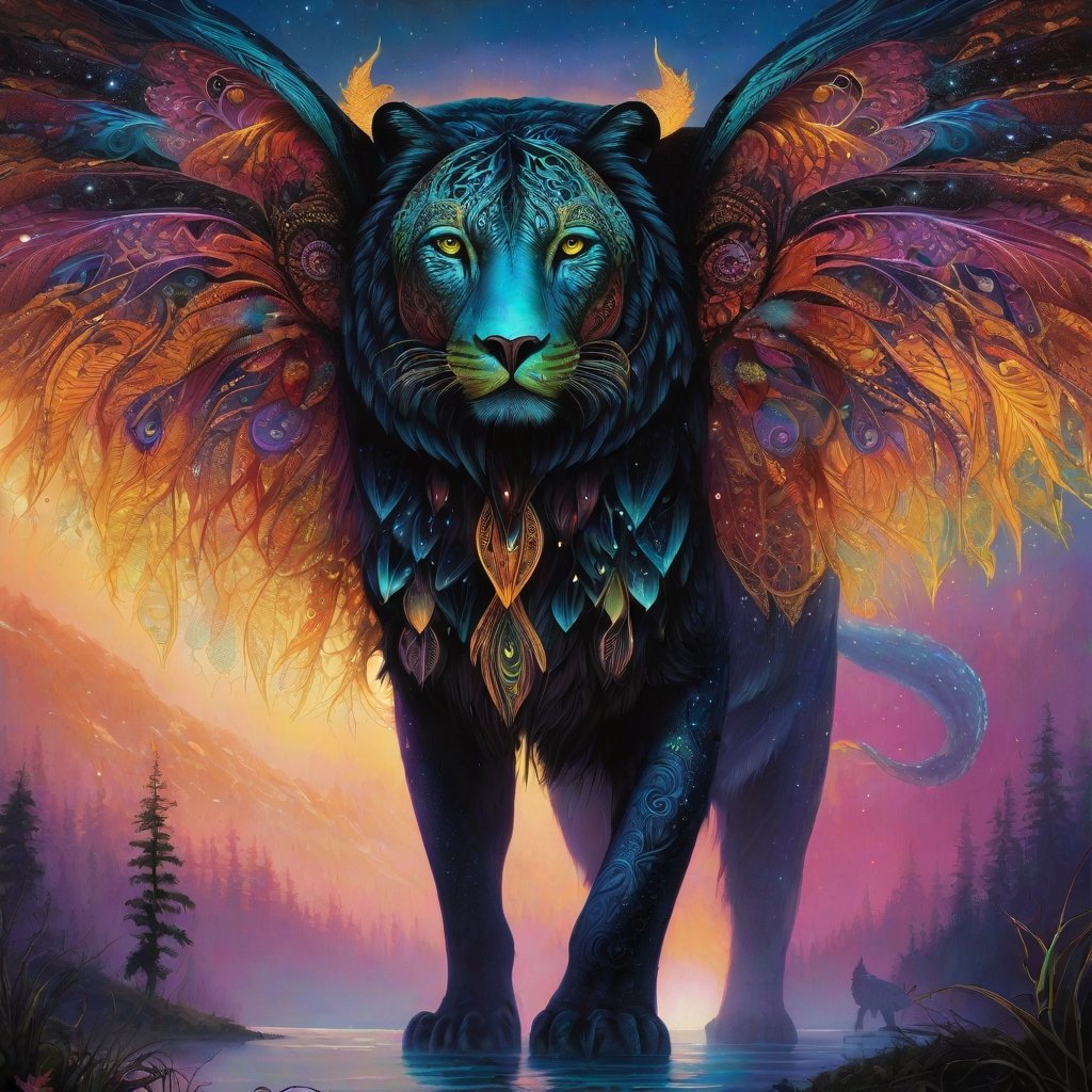 In a mesmerizing concept art piece, a majestic, endangered creature of enchantment comes to life. Through intricate line art, a mythical bioluminescent species is portrayed, its delicate and luminous features captured in stunning detail. The exquisite painting showcases a harmonious blend of vibrant hues and delicate tracery, illuminating the intricate patterns that adorn the creature's iridescent wings. Its large, soulful eyes glow with a captivating otherworldly radiance, accentuated by its velvety midnight-black fur that seems to absorb and reflect light simultaneously. This extraordinary image invites viewers to witness the ethereal beauty of this rare species, subtly hinting at the urgency to protect and preserve such magical wonders of the natural world.
