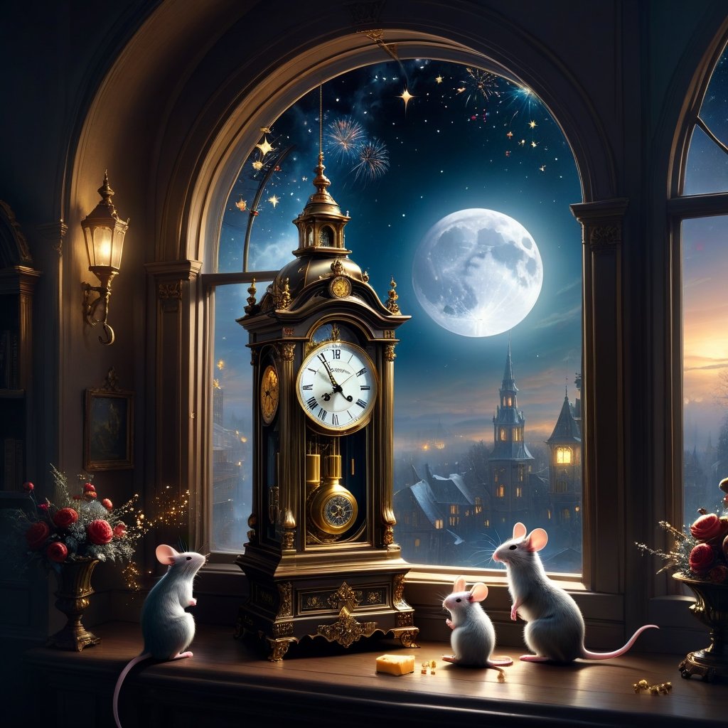 New years countdown, renewal, happy new year 2024, fireworks and champagne || the anticipation and excitement leading up to the stroke of midnight on New Year's Eve perfectly captured forever,, "Miniature mice looking at the moon and new year's eve night fireworks" Rococo, delicate, cute sitting inside a ((grandfather clock near a window)), champagne and cheese, light particles flying around inside, clock counting down to midnight! beautiful digital illustration by yoshitaka amano, dan mumford, Nicolas delort, jeff koons, photorealism, crisp, UHD, fantasy, gorgeous linework, a complex and intricate masterpiece, cel-shaded, detailed_fantasy_background, hyperdetailed; by Kim Keever Antoine Collignon Wadim Kashin Tim Burton Peter Mohrbacher, realism; incredible composition; dynamic_lighting; meticulously composed concept art, fascinating_stars, masterpiece, mystic fog, digital illustration, Reflections, Volumetric_lighting, subsurface scattering