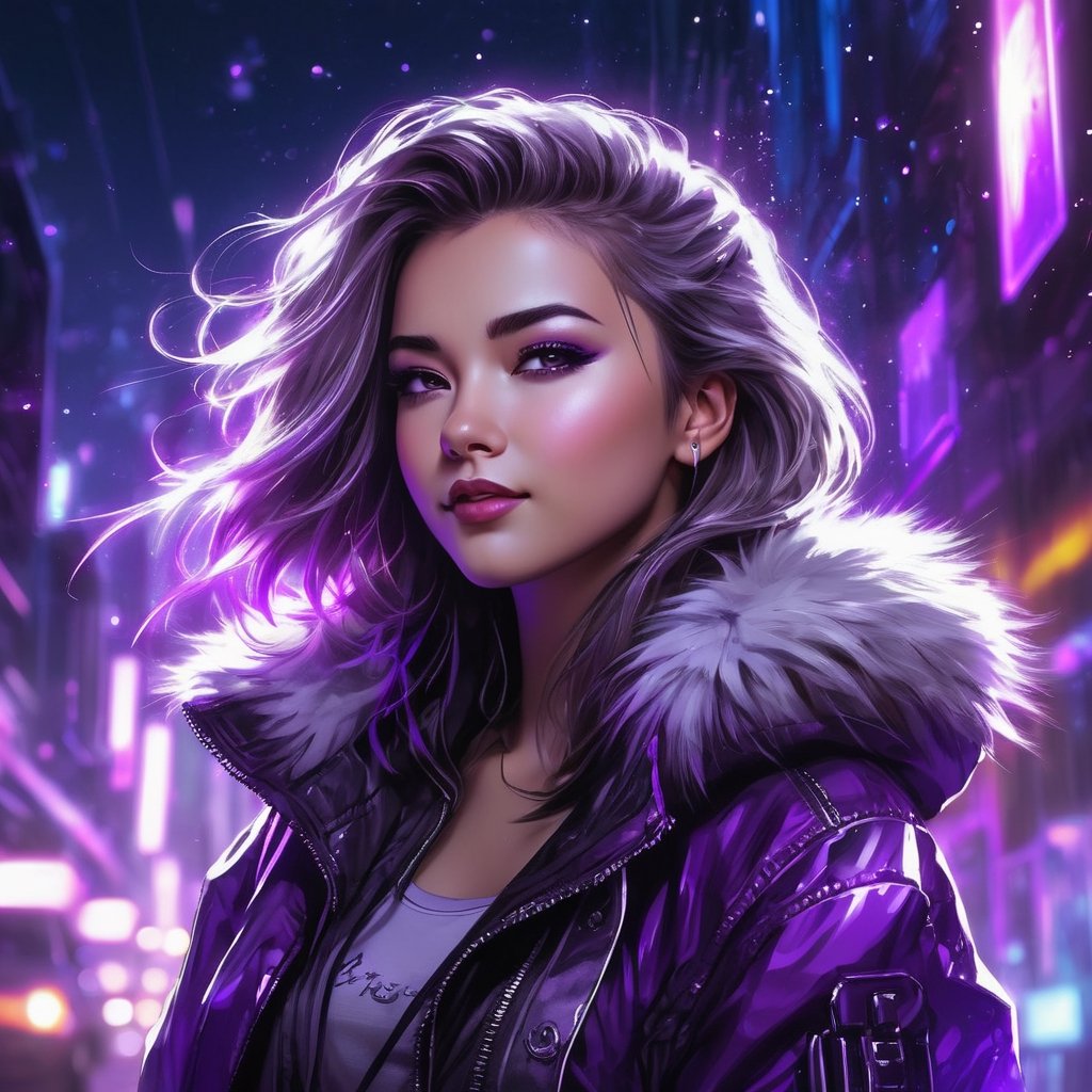 1girl, cyberpunk, fur trim jacket blowing in the wind, smirking, looking at viewer, selective color purple, purple glowing crystal, color only on glowing grystal, fine lines, ink sketch, white paint dots, highly detailed background setting, upward movement, dark fairytale mood, SelectiveColorStyle