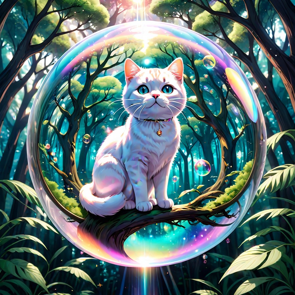Dreamscape in a shimmery soap bubble, Digital cat Trapped in a hologram, mid air high above dreamy treetops, illustrative art