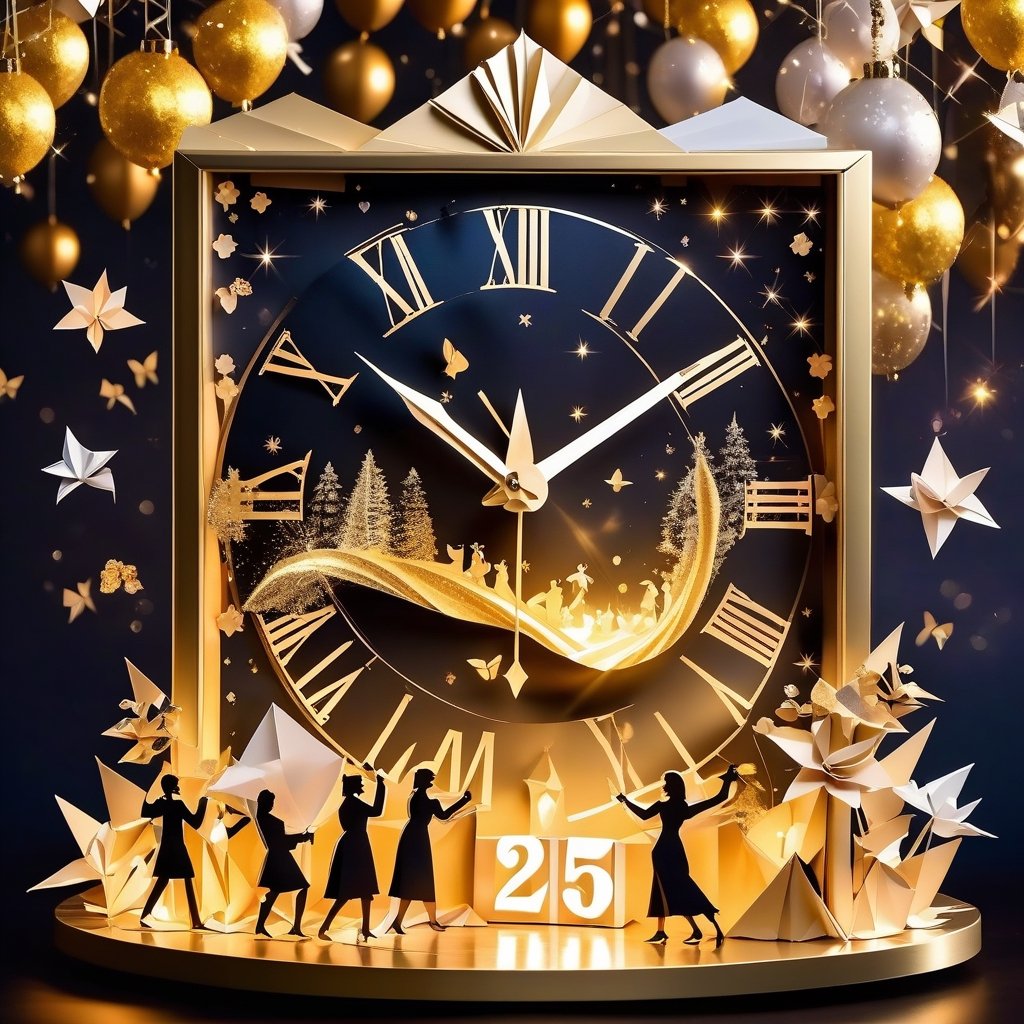 New years countdown clock with origami scenes surrounding it, passing time, new years celebration, people toasting champagne, beauty and memory and love and laughter and light