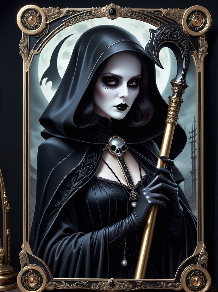 Death major arcana tarot reimagined, tarot frame inspired by art deco art framing a realistic digital painting of A female ghost ((with broken doll skin1:1)), holding a grim reaper scythe, hauntingly beautiful illustration, gothic vibes, horror atmosphere. cute fantastical horror