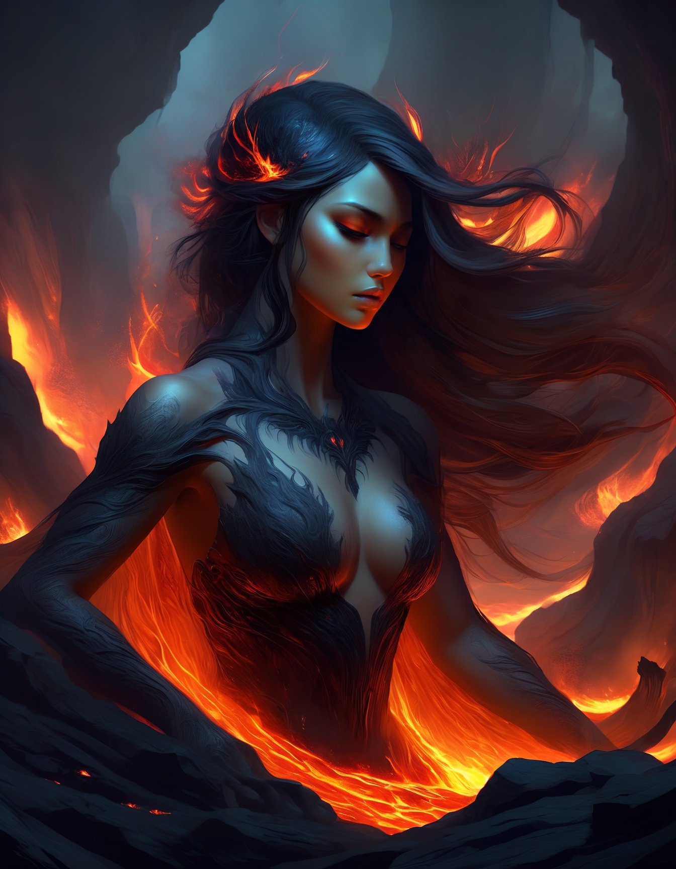 a hyperrealistic digital painting, a vengeful lava monster goddess, hunched over and turning to face us, long flowing glowing lava hair, lava rock body with fiery cracks, wreathed in flame, inspired by mtg artists and charlie bowater and da vinci, detailed backgrounds, 4d, smooth and crisp, atmospheric perspective, horror fantasy || a woman sitting on top of a rock covered in lava, dramatic digital art, woman crying, diffuse, soulslike, avatar image, there is a glow coming from her, nether, smoky lighting, dark soul, transforming,Decora_SWstyle