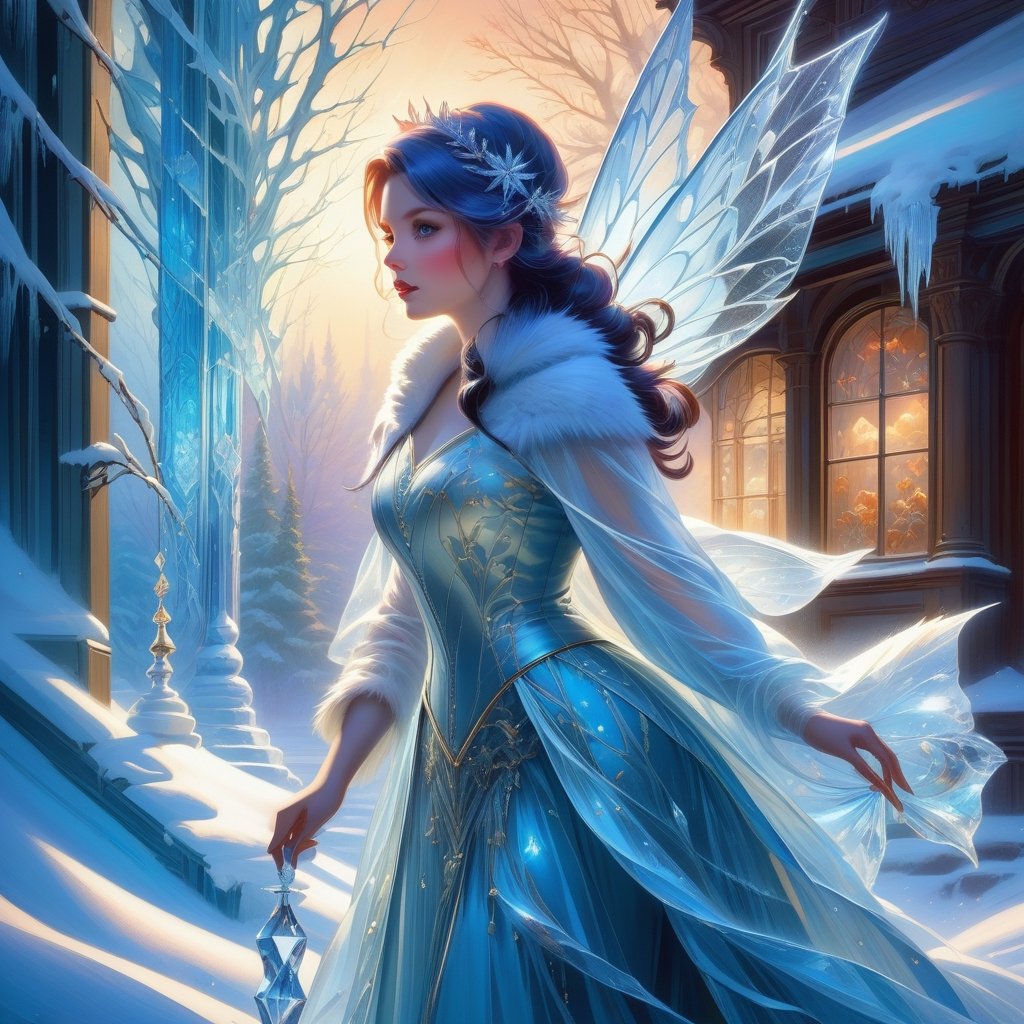 "Little Ice fairies painting ice patterns onto frozen windows", art by Marc simonetti & James jean & anna dittman & bill sienkiewicz, Gil elvgren & wlop, surreal, surrealism, imaginative, fluid movement, cinematic scene :: fantasycore, Hyperrealistic, splash art, concept art, mid shot, intricately detailed, color depth, dramatic, side light, colorful background, intricate details, HDR, beautifully shot