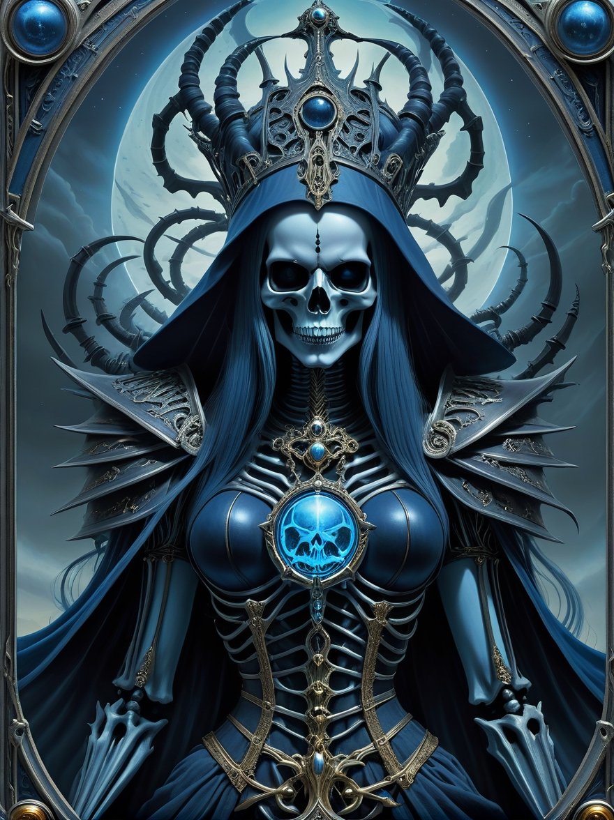 death tarot card, major arcana tarot card, Skeletal lich queen of the damned, multiple arms, dark deity, beautiful and terrifying, eerie blue glow, art by Peter mohrbacher and h.r. Giger, centered