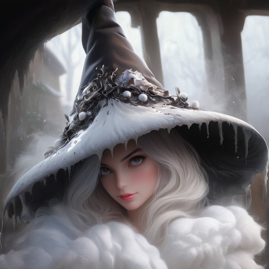 ((Ultra-detailed)) portrait of a beautiful wintermelancholia witch walking through the snow, leaving footprints in the snow, wispy skirt hem dragging through the snow, wearing a \(inkycapwitchyhat\) with white drips on the brim, detailed exquisite face,hourglass figure,model body,playful smirks,(dreamy opalescent snow shimmer, snow particles)
BREAK
(backdrop: a dreamy winter wonderland, castle ruins covered in snow, distant building with lights in the windows)
BREAK
Ultra-Detailed,(sharp focus,high contrast:1.2),8K,trending on artstation,cinematic lighting, abigail larson and magali villeneuve, by Karol Bak,Alessandro Pautasso and alberto seveso, Hayao Miyazaki, todd lockwood, sabbas apterus and yoshitska amano, rob gonsalves winter art, inkycapwitchyhat,photo_b00ster,real_booster,w1nter res0rt