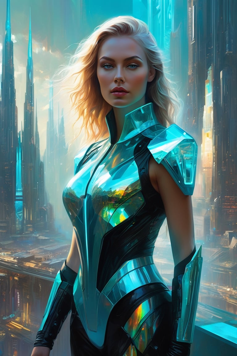 an oil painting of a beautiful young caucasian woman 21 years old, cyberpunk futuristic with cyan, translucent plastic, amber, and neon theme, Full body, crystal, Royal princess on a viewpoint look at the Futuristic city below wearing finery on beautiful translucent body, by wlop and richard schmid, loose brushstrokes, Broken Glass effect, no background, stunning, something that even doesn't exist, mythical being, energy, molecular, textures, iridescent and luminescent scales, breathtaking beauty, pure perfection, divine presence, unforgettable, impressive, breathtaking beauty, Volumetric light, auras, rays, vivid colors reflects, Broken Glass effect, no background, stunning, something that even doesn't exist, mythical being, energy, molecular, textures, iridescent and luminescent scales, breathtaking beauty, pure perfection, divine presence, unforgettable, impressive, breathtaking beauty, Volumetric light, auras, rays, vivid colors reflects, UTOPIA, UTOPIAN