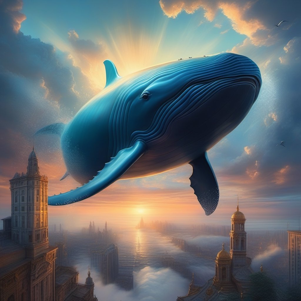 Double exposure Watercolor and oil painting of a Beautiful city on top of a Giant whale above the clouds, extremely beautiful nature, Epic masterpiece, sunny lighting by awwchang, concept art, environment design, cgsociety, Tim burton, joel rea, greg rutowski, yuumei, rule of thirds, fantasy, Dream, vibrant, perfect composition, beautiful detailed intricate insanely detailed, trending on artstation, soft natural volumetric cinematic perfect light, chiaroscuro, award - winning illustration, masterpiece, oil on canvas, beeple, beksinski, giger, whimsical ethereal fantastical, trending on artstation, sharp focus, soft light, rough edges, paint drops, glow