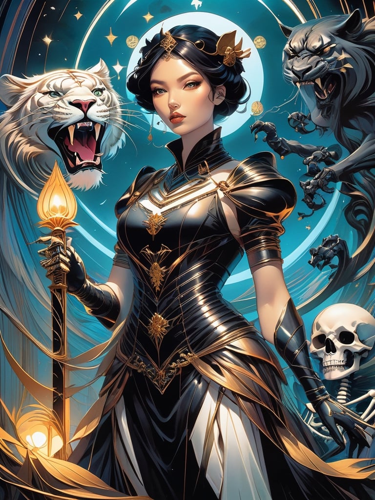 “Strength major arcana tarot card reimagined” as dark fantasy, dark fantasy woman and a skeleton liontiger, stylized painting graphic design poster art by Jon foster, pop surrealism low brow art, digital illustration by yoshitaka amano, dan mumford, Nicolas delort, jeff koons, photorealism, crisp, UHD, fantasy, gorgeous linework, a complex and intricate masterpiece, cel-shaded, clean and sharp, animation key frame, Cool fantasy surreal drawing, juxtapoz magazine, moleskin project, hi-fructose magazine, art style with highly defined lines, professional sketchbook, bold line art, award winning comic graphic novel cover art, ying yang composition