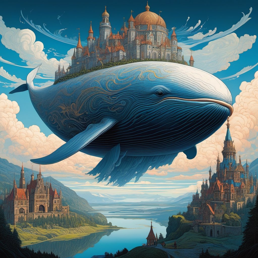 Masterpiece, fantasy shot of a giant cloud whale in the sky with a fantasy kingdom on its back: clouds: bright: cloud castles: spires: vibrant: wispy: fantastical: beautiful whimsical, showcase intricate designs, by Ivan Bilibin and peter mohrbacher, anna dittman and james jean, nicolas delort and yoshitaka amano and dan mumford, character design, digital illustration, awesome background, 8k resolution , Mysterious