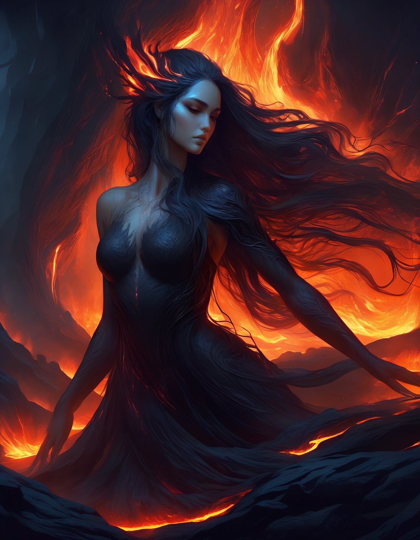 a hyperrealistic digital painting, a vengeful lava monster goddess, hunched over and turning to face us, long flowing glowing lava hair, lava rock body with fiery cracks, wreathed in flame, inspired by mtg artists and charlie bowater and da vinci, detailed backgrounds, 4d, smooth and crisp, atmospheric perspective, horror fantasy || a woman sitting on top of a rock covered in lava, dramatic digital art, woman crying, diffuse, soulslike, avatar image, there is a glow coming from her, nether, smoky lighting, dark soul, transforming,Decora_SWstyle