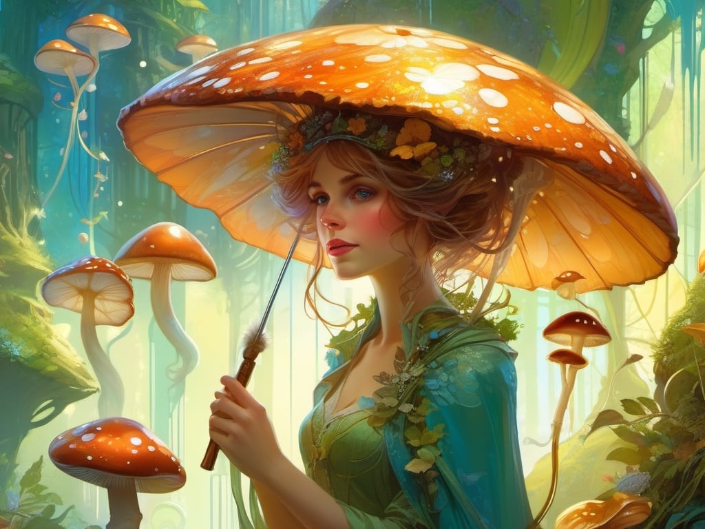 (fairycore sci-fi village in 2 0 5 0) || an elegant fashion woman in her hand she is holding the handle of a giant (dissolving_dripping! "deliquescence"! "Coprinus_comatus"! aka shaggy_inky_cap_mushroom! as a parasol! :1.5), hand on parasol handle, parasol angled back, with glowing mycelium, || fairykei cottagecore fantasy || expressive, masterpiece || Carne Griffiths, Michael Garmash, Frank Frazetta, vertical Background, Jean Baptiste Monge, Victo Ngai, Detailed, Vibrant, Sharp Focus, Character Design, Wlop, Artgerm, Kuvshinov, environment Design, Unreal Engine, Pixar, Shiny Aura, TXAA, 32k, Fanbox, Highly Detailed, Dynamic Pose, Intricate Motifs, Organic Tracery, Perfect Composition, Warm Dreamy Tones, Digital Painting, Artstation, Smooth, Sharp Focus, Illustration, Award Winning Style And Composition, Line, By Alphonse Mucha, Surface, By Karol Bak, Color Grading, By Lee Man Fong, Hydrodipped, Glaze, detailmastered || perfect composition, vertical movement, more detail XL, detailmaster2, Potrait of a girl