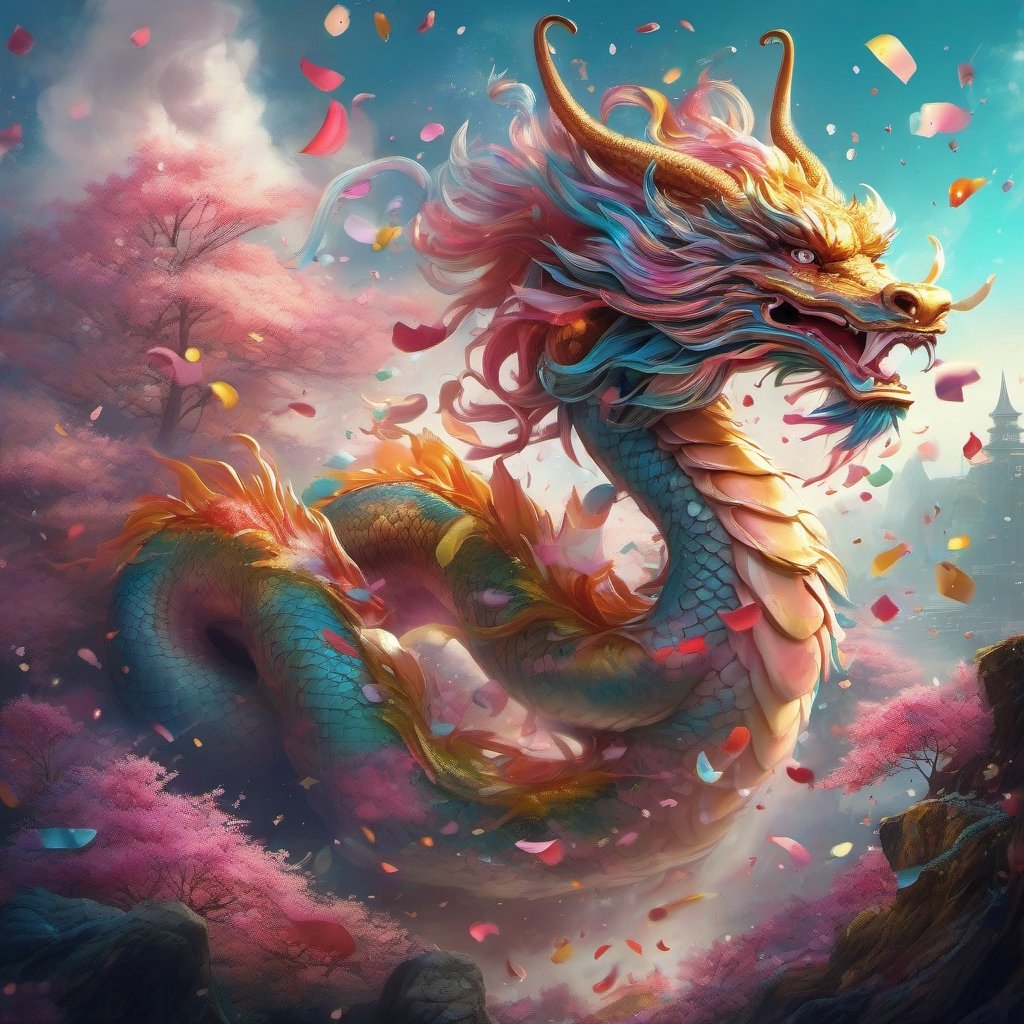 in dreamy soft hues, aesthetic fantasycore art, "cute adorable confetti cloud chinese-dragon, confetti falling" fairytale concept art, by Alberto Seveso, Cyril Rolando, Dan Mumford, Carne Griffiths, Meaningful Visual Art, Detailed Strange Painting, Digital Illustration, Unreal Engine 5, 32k maximalist, hyperdetailed fantasy art, 3d digital art, sharp focus, masterpiece, fine art, impossible dream