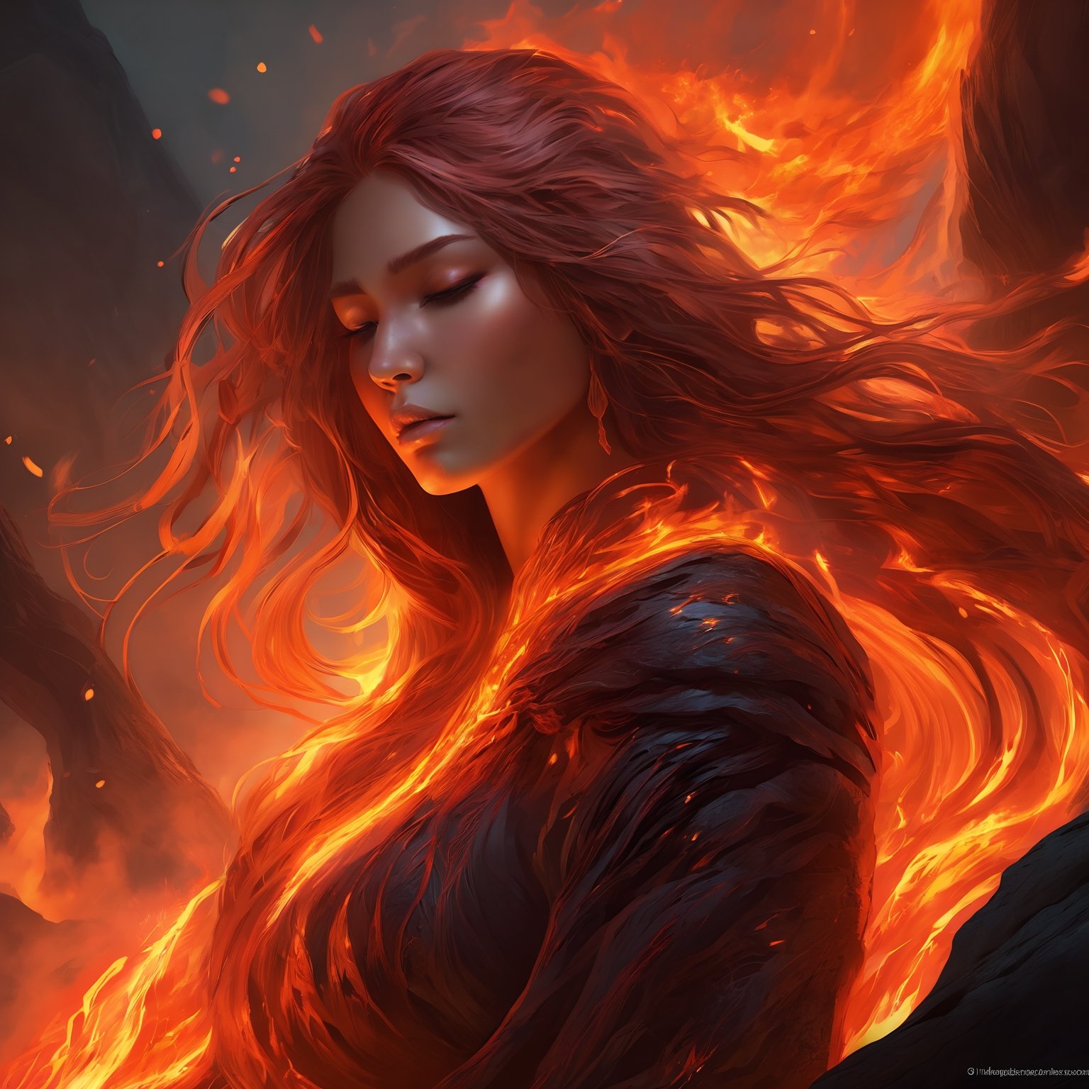 a hyperrealistic digital painting, a vengeful lava monster goddess, hunched over and turning to face us, long flowing glowing lava hair, lava rock body with fiery cracks, wreathed in flame, inspired by mtg artists and charlie bowater and da vinci, detailed backgrounds, 4d, smooth and crisp, atmospheric perspective, horror fantasy || a woman sitting on top of a rock covered in lava, dramatic digital art, woman crying, diffuse, soulslike, avatar image, there is a glow coming from her, nether, smoky lighting, dark soul, transforming