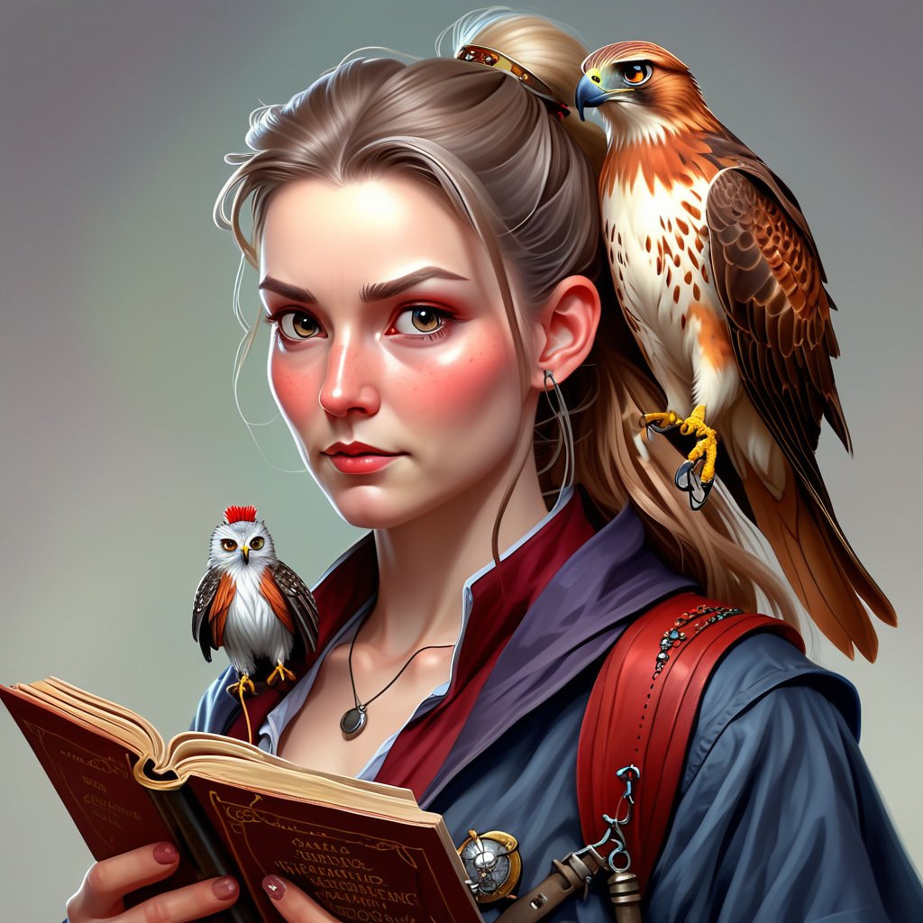 A character concept portrait of a human wizard woman with pale complexion, mousy messy long hair pulled back in a low messy bun, face reminiscent of Jacqueline Bisset, clever grey eyes, skeptical annoyed condescending expression, worn and layered traveling wizard clothing adorned with various magical trinkets, a spellbook and potion vials attached to her belt, and a magical red-tailed hawk perched on her shoulder. The background is detailed, with a captivating composition and color, blending fantasy and realism 