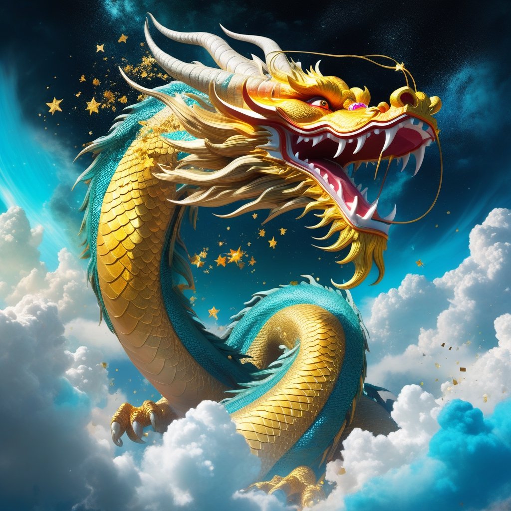 A beautiful Chinese dragon rising into the celestial sky, confetti, chinese new year, stars above with clouds below, Clint Cearley, Daarken, Jeremy Mann, hyper-detailed, hyperrealistic, digital art, detailed background, epic, cinematic, vibrant saturated colours, divine light, cyan, white, yellow, fantastical, dreamy, ethereal