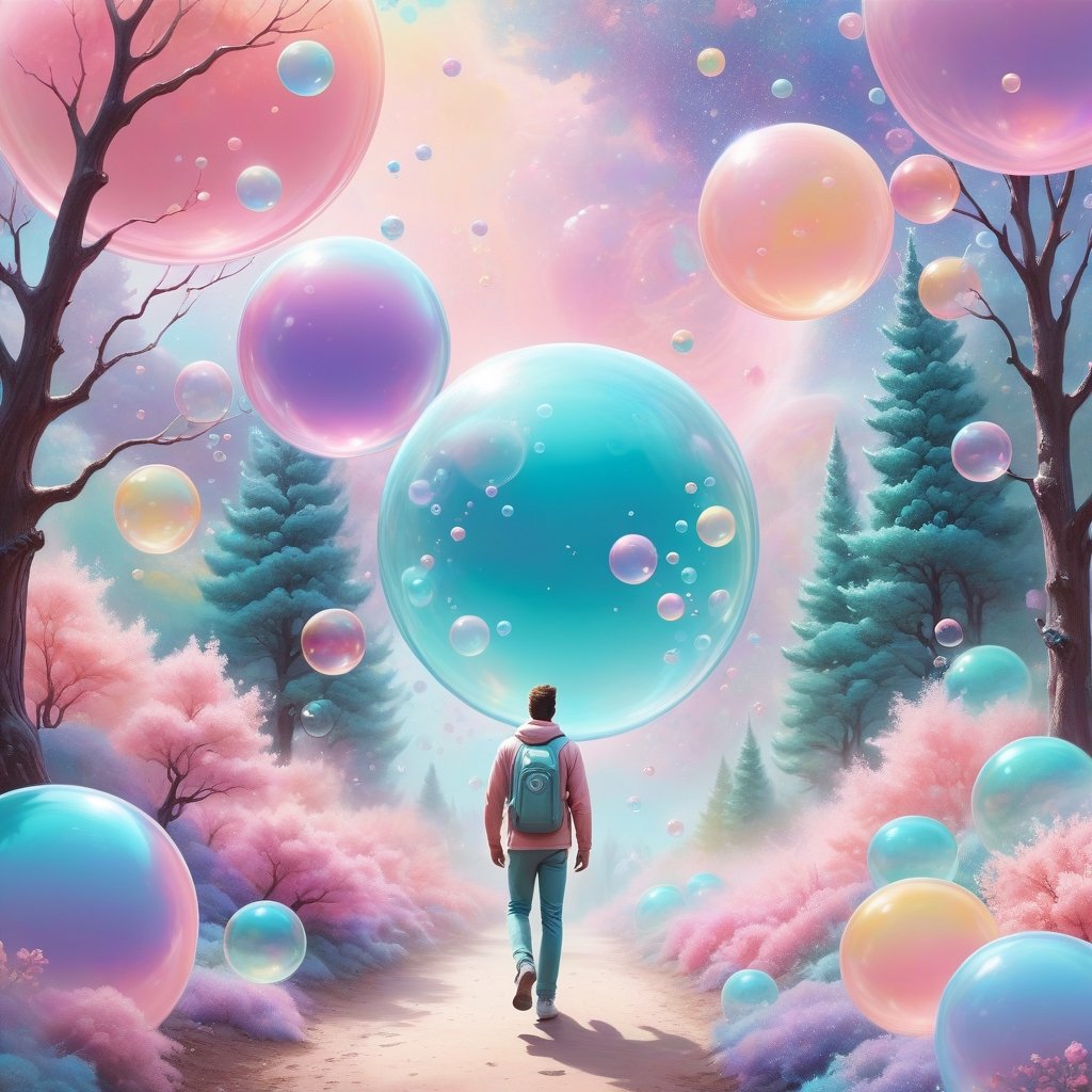 Pastel color palette, in dreamy soft pastel hues, pastelcore, pop surrealism poster illustration ||  man walking through a bubblegum nebula, bubbles-trees, buuble-space, wall of merged bubbles, space art, gorgeous linework, abstractions. || bright hazy pastel colors, whimsical, impossible dream, pastelpunk aesthetic fantasycore art, beautiful soft pastel colors