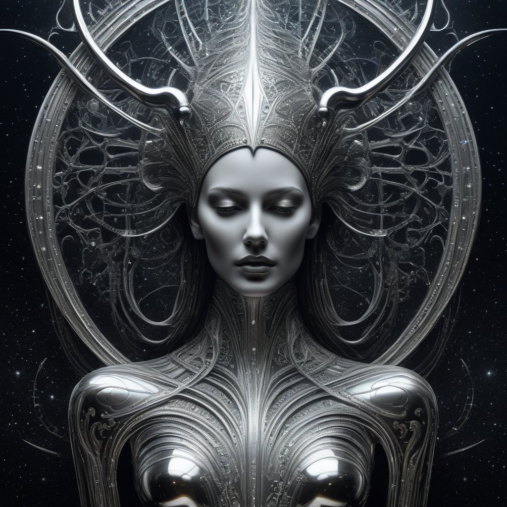 art piece made of metal, Sculpted and etched metal, A constellation, eldritch pisces, young goddess wearing liquid metal by hr giger, 3D, line art, starry background, dreaminess, digital surrealism illustration, lowbrow art movement, exquisite illustration, hauntingly beautiful art, amazing movement, perfect flowing composition, leading lines, illusions, reflections, subsurface scattering, metallic shiny