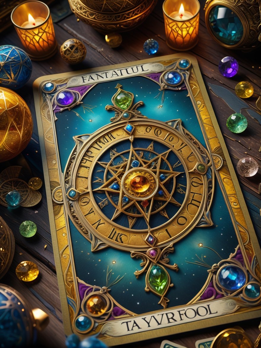 close-up high angle shot, fantasycore beautiful, Intricate hyperdetailed, enchanting The Fool tarot card, layed on an old ripped table room, maximalist highly detailed and intricate professional photography, a masterpiece, 8k resolution concept art, Artstation, triadic colors