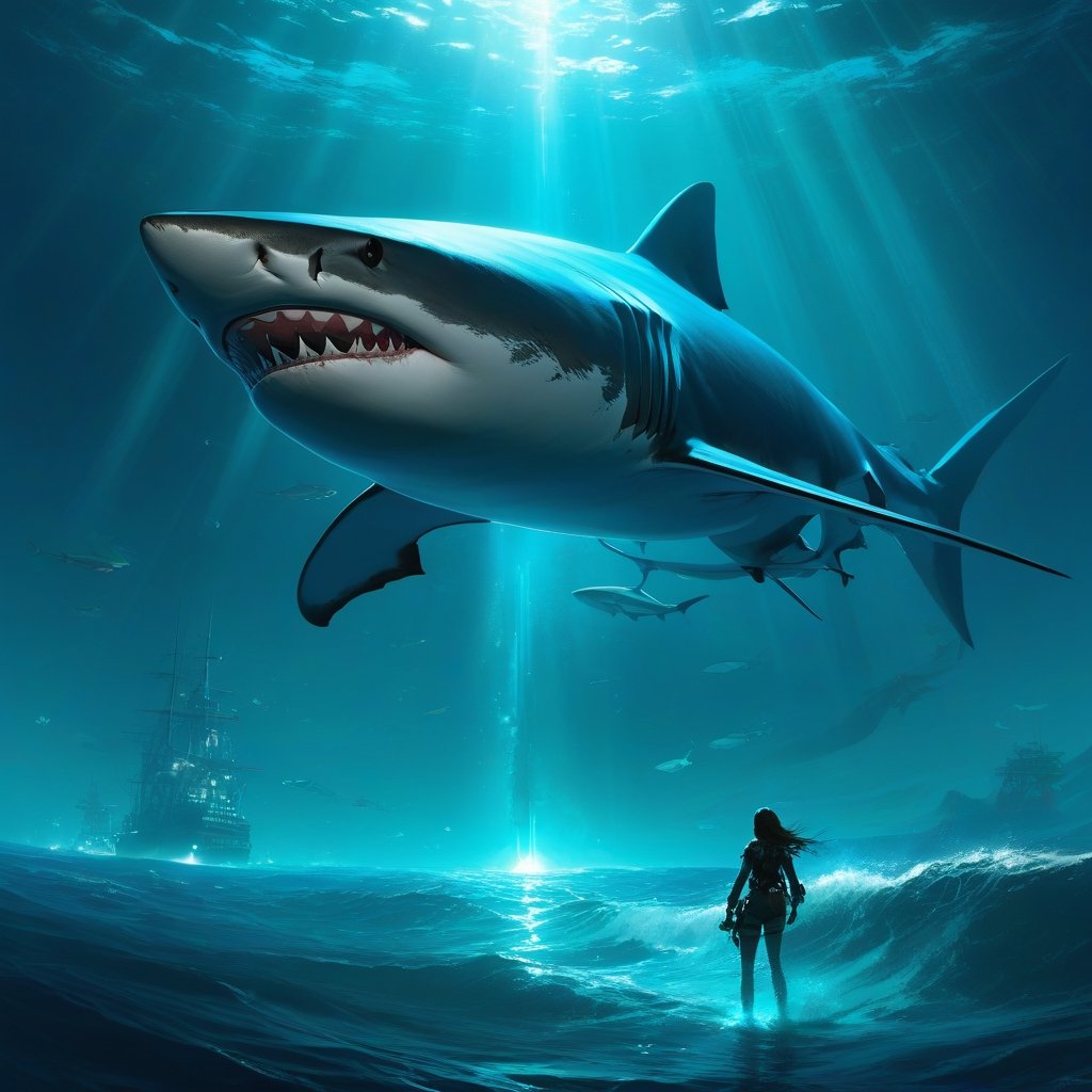 Robotics Shark, bioluminescent ocean, concept art, dynamic scene, charlie bowater, marc simonetti and yoji shinkawa and wlop, light motes, atmospheric, perfect composition