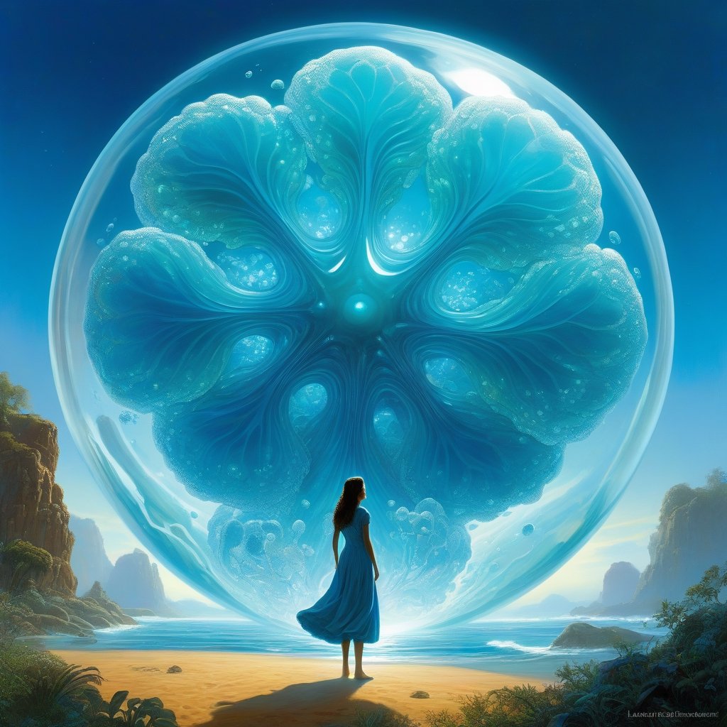 digital illustration, Transparent Amoeba, a woman standing in front of a giant amoeba, jelly-like transparent clear amoeba, science fantasy painting, cell biology, 3 d animated movie, by Lawrence Harris, tree of life inside the ball, crossing the blue horizon, inspired by Todd Lockwood, artist impression, antibodies, by Galen Dara, jaime jasso, intensely beautiful image, marc _ simonetti, portrait of a dreamer