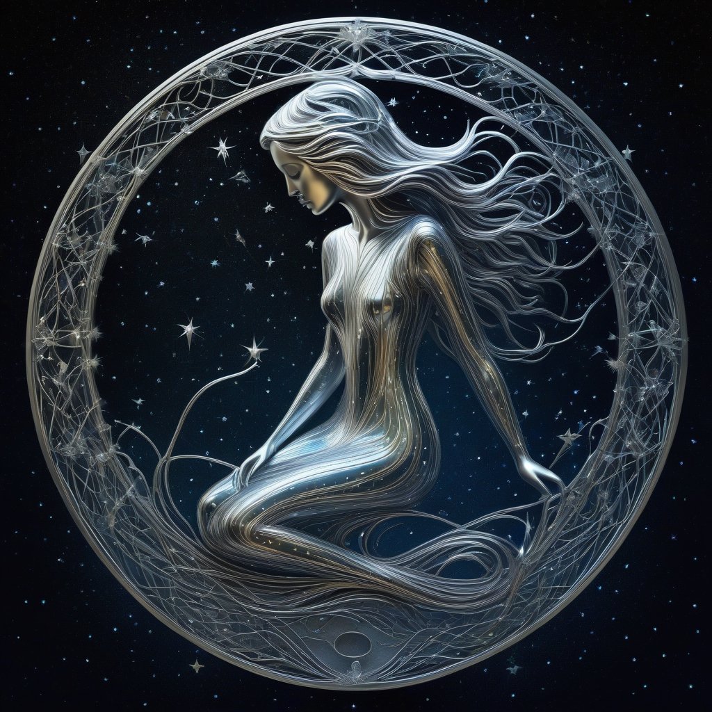 art piece made of metal, Sculpted and etched metal, A constellation, eldritch pisces, young goddess, 3D, line art, starry background, dreaminess, digital surrealism illustration, lowbrow art movement, exquisite illustration, hauntingly beautiful art, amazing movement, perfect flowing composition, leading lines, illusions, reflections, subsurface scattering, metallic shiny