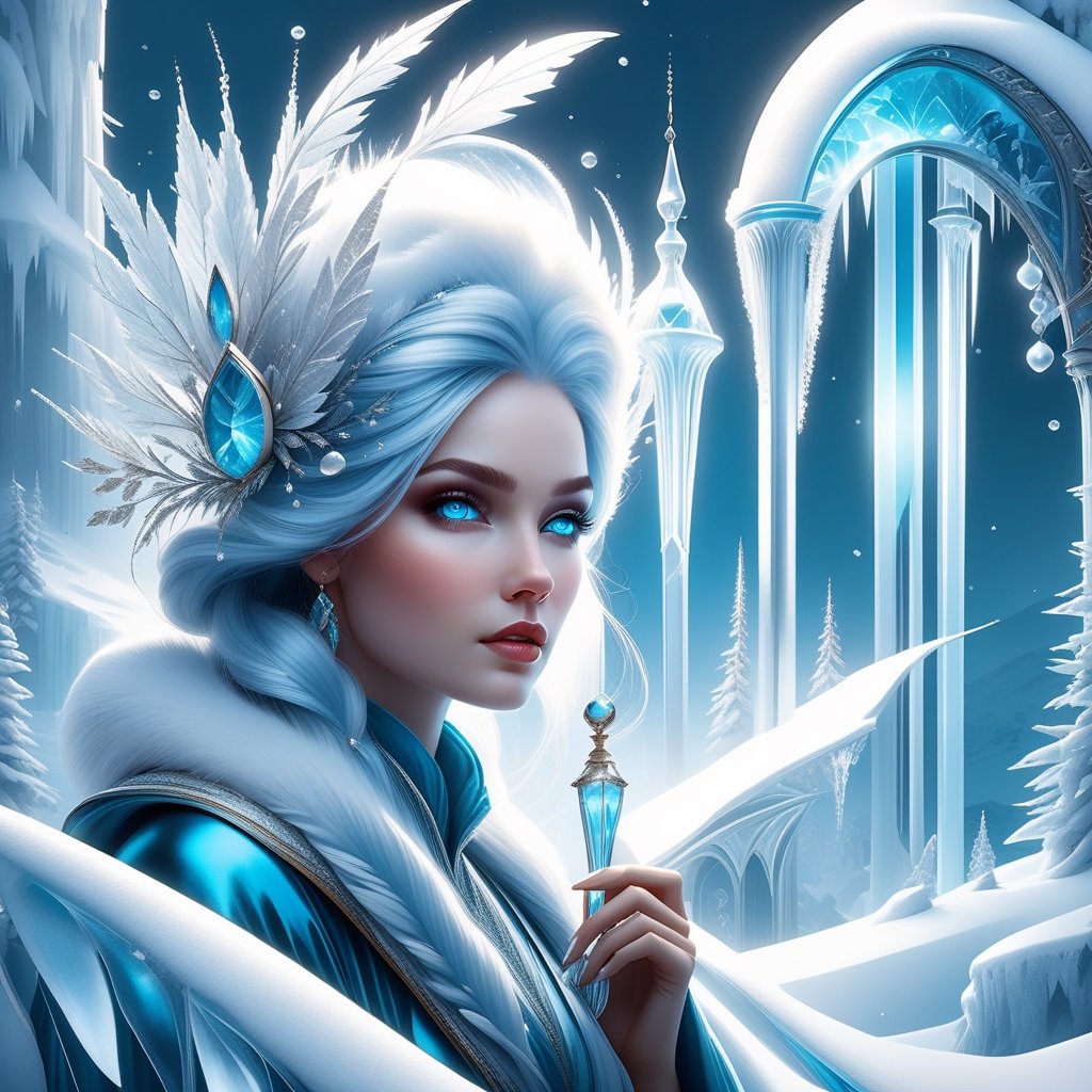 Beautiful winter wonderland scene with a beautiful ice faerie, snow fae, they are holding a white ermine, elaborate, arctic animals, icicles, ice fractals, windy, cold, white christmas, snow, Hyperrealistic digital painting, dynamic scene, hauntingly beautiful art, wlop, james jean, ross tran and lois van baarle and abigail larson and bastien lecouffe deharme, artgerm, charlie bowater, ilya repin, jordan grimmer, detailed matte painting, deep color, fantastical, intricate detail, splash screen, complementary colors, fantasy concept art, 8k resolution trending on Artstation Unreal Engine 5, da vinci, lou xaz, cgsociety,DonMFr0stP4nkXL