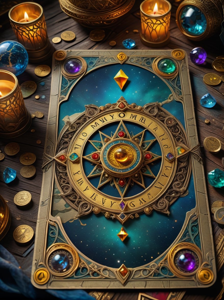 close-up high angle shot, fantasycore beautiful, Intricate hyperdetailed, enchanting The Fool tarot card, layed on an old ripped table room, maximalist highly detailed and intricate professional photography, a masterpiece, 8k resolution concept art, Artstation, triadic colors