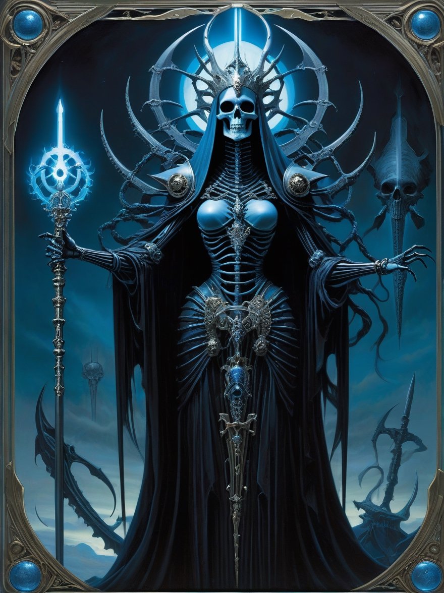 death tarot card, major arcana tarot card, Skeletal lich queen of the damned, multiple arms, dark deity, beautiful and terrifying, eerie blue glow, art by Peter mohrbacher and h.r. Giger