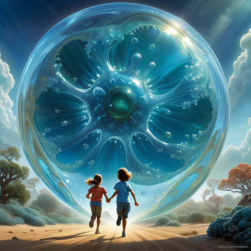 digital illustration, Transparent Amoeba, fun action scene of siblings holding hands and running from a giant amoeba, the_blob,  jelly-like transparent clear amoeba, science fantasy painting, cell biology, 3 d animated movie, by Lawrence Harris, tree of life inside the ball, crossing the blue horizon, inspired by Todd Lockwood, artist impression, antibodies, by Galen Dara, jaime jasso, intensely beautiful image, marc _ simonetti, portrait of a dreamer