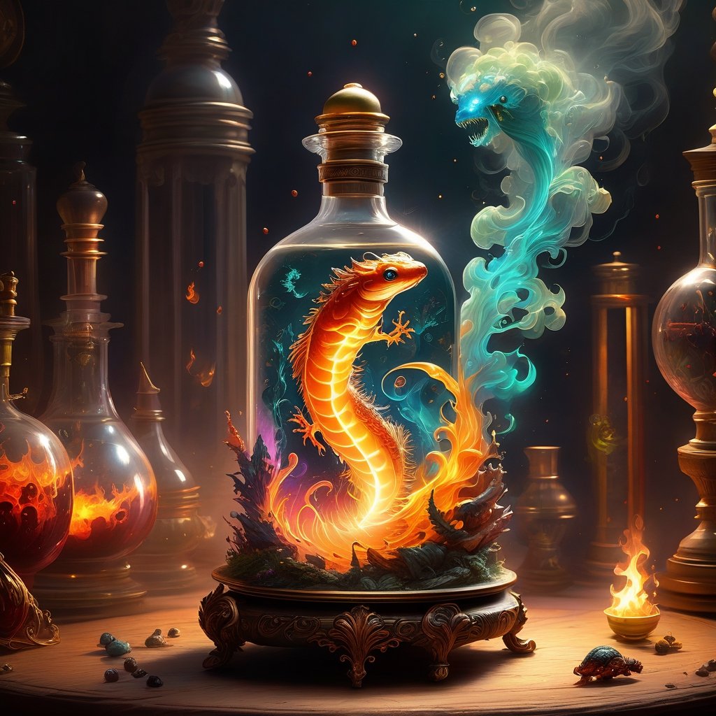 On fire!!! A fairytale illustration and Action painting, "Trapped in a decorative bottle!!!" Contained in glass Is an ethereal, ominous radioluminescent fire_salamander ghost, Salamandra_salamandra, on fire, in an alchemy lab, creature made of flame and embers and color-changing smoke wisps, alchemical sparks, atmospheric perspective, horror fantasy, detailed alchemy lab background, 8k resolution, behance, Artstation, photorealistic anime visual, alberto seveso, jordan grimmer, inspired by mtg artists and charlie bowater and da vinci, cool detailed background, sharp focus, emitting diodes, smoke, sparks, FLAMES!!! by pascal blanche rutkowski repin artstation, flamepunk firecore ghost salamander, fire theme