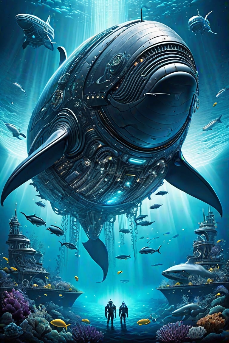 biomechanical style giant whale alien spaceship under the sea with cyborg sea beings around in ocean krater . blend of organic and mechanical elements, futuristic, cybernetic, detailed, intricate