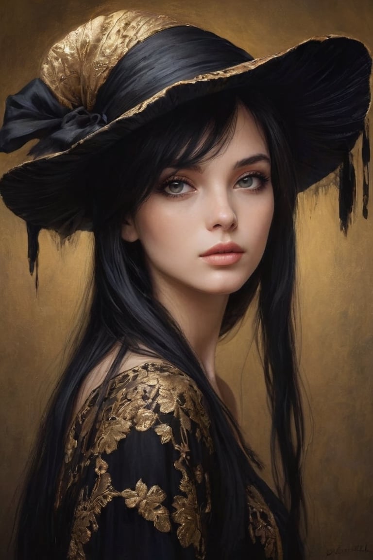 breathtaking portrait of a gorgeous girl, red scarf, dark gold and black, gossamer fabrics, jagged edges, eye-catching detail, insanely intricate, vibrant light and shadow , beauty, paintings on panel, textured background, captivating, stencil art, style of oil painting, modern ink, watercolor , brush strokes, negative white space,InkyCapWitchyHat