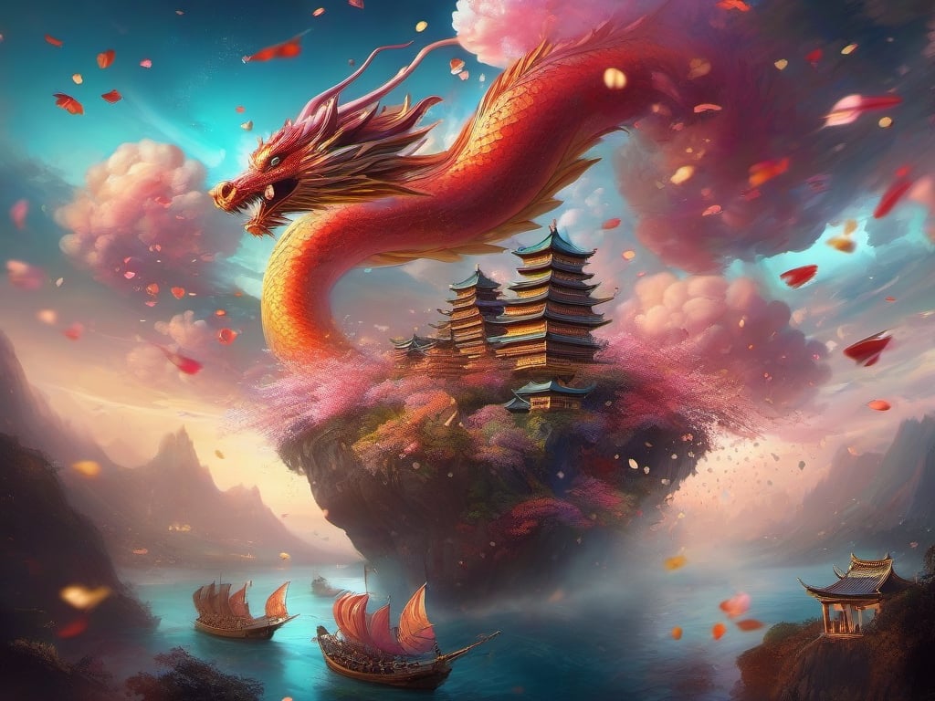 in dreamy soft hues, aesthetic fantasycore art, "cute adorable cloud-dragon turning into confetti confetti falling, flying iver a city on chinese new year" fairytale concept art, by Alberto Seveso, Cyril Rolando, Dan Mumford, Carne Griffiths, Meaningful Visual Art, Detailed Strange Painting, Digital Illustration, Unreal Engine 5, 32k maximalist, hyperdetailed fantasy art, 3d digital art, sharp focus, masterpiece, fine art, impossible dream