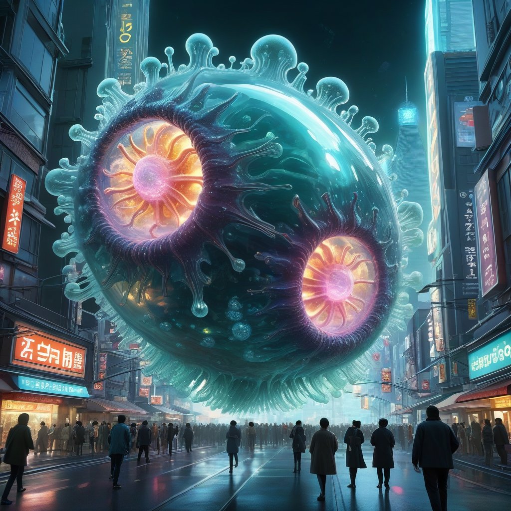 digital illustration, Transparent Amoeba, fun action scene of epic kaiju-sized amoeba attacking futuristic cyberpunk tokyo, gigantic transparent clear amoeba with glowing organelles, amoeba on a city street, people panicking and escaping, science fantasy painting, cell biology, 3 d animated movie, by Lawrence Harris, inspired by Todd Lockwood, artist impression, antibodies, by Galen Dara, jaime jasso, intensely beautiful image, marc _ simonetti, cyril rolando, james gilleard,  1kaiju, 100-meter-tall clear-transparent-amoeba, gelatinous-blob amoeba, shapeless, cilia, oozing on industrialized futuristic synthwave japanese-themed city, clear amoeba with glowing organelles :: panic & running & escape :: mayhem :: mass hysteria :: smoke & explosions :: planetary crisis :: cautionary tale :: cyberpunk palette || unicellular, eukaryotic, protist, shapeless, flexible, blob-like, pseudopods, cytoplasm, nucleus, motile, heterotrophic, phagocytic, vacuoles, highly detailed, scientifically correct, dynamic lightning, see-through, transparant