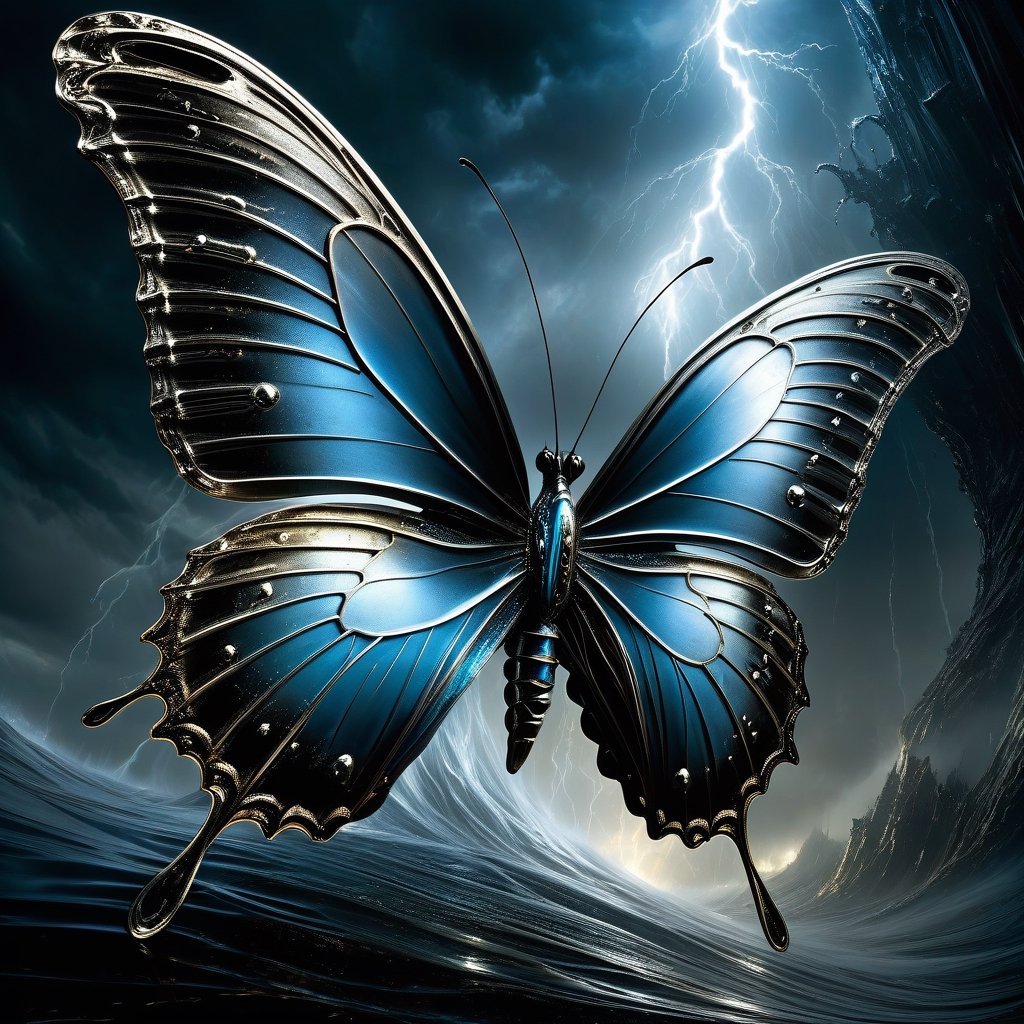 surreal butterfly, art made out of metal, (liquid metal elemental 2.0)/personified liquid metal/liquid mercury/etched flowing liquid metal/waves and designs/stormy dark background with lighting/intense/dramatic/atmospheric/unreal engine/Raymond Swanland/Luis Royo/Nekro/