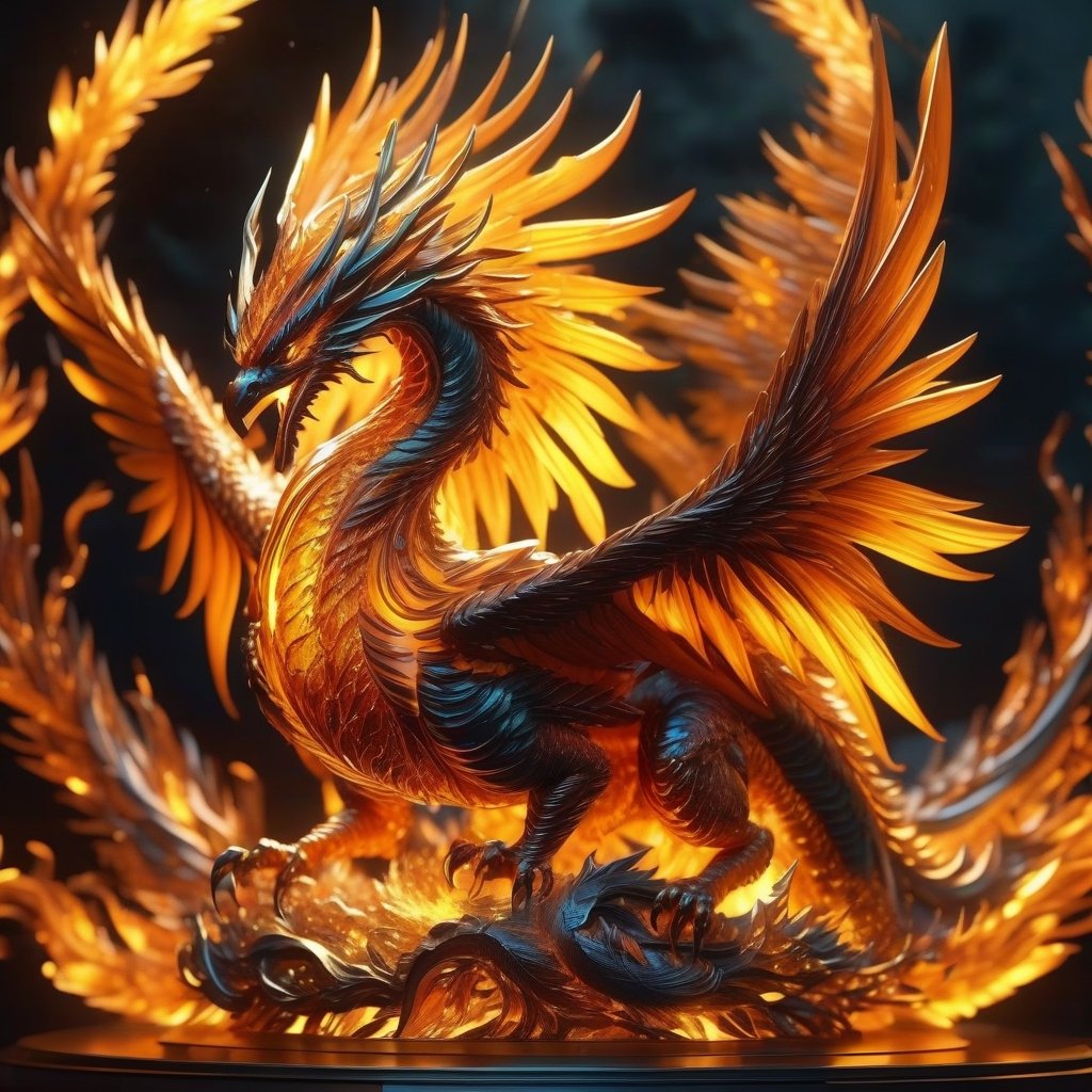 Hyperdetails amber sculpture, bioluminescent glow. Majestic Phoenixdragon made out of amber, colossal, spreading intricate details wing, symmetrical. Ethereal fire, matte lighting, cinematic, 4K resolution, hyper detailed, photorealistic, scenic