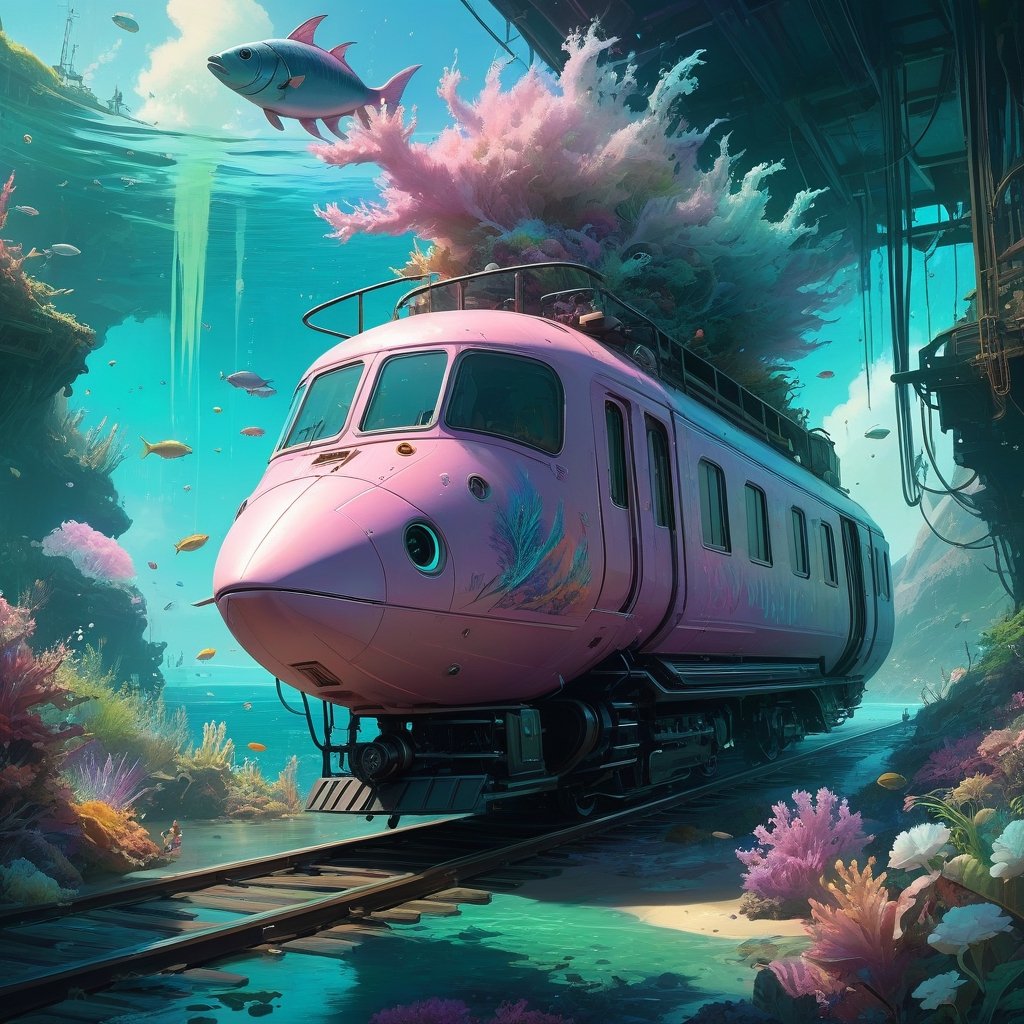 Pastel palette, bathed in dreamy soft pastel hues, pastelpunk aesthetic fantasycore art, by Ismail Inceoglu & Atey Ghailan & Victo Ngai & Alan Lee & James Gilleard :: polychromatic colorful surreal underwater seascape, underwater rocket train, bioluminescent trash fish, many aggressive overgrown neon seaweed tendrils, proliferation of neuron flora, extraterrestrial futuristic technology, ancient maritime technology, impossible dream, cotton candy hues