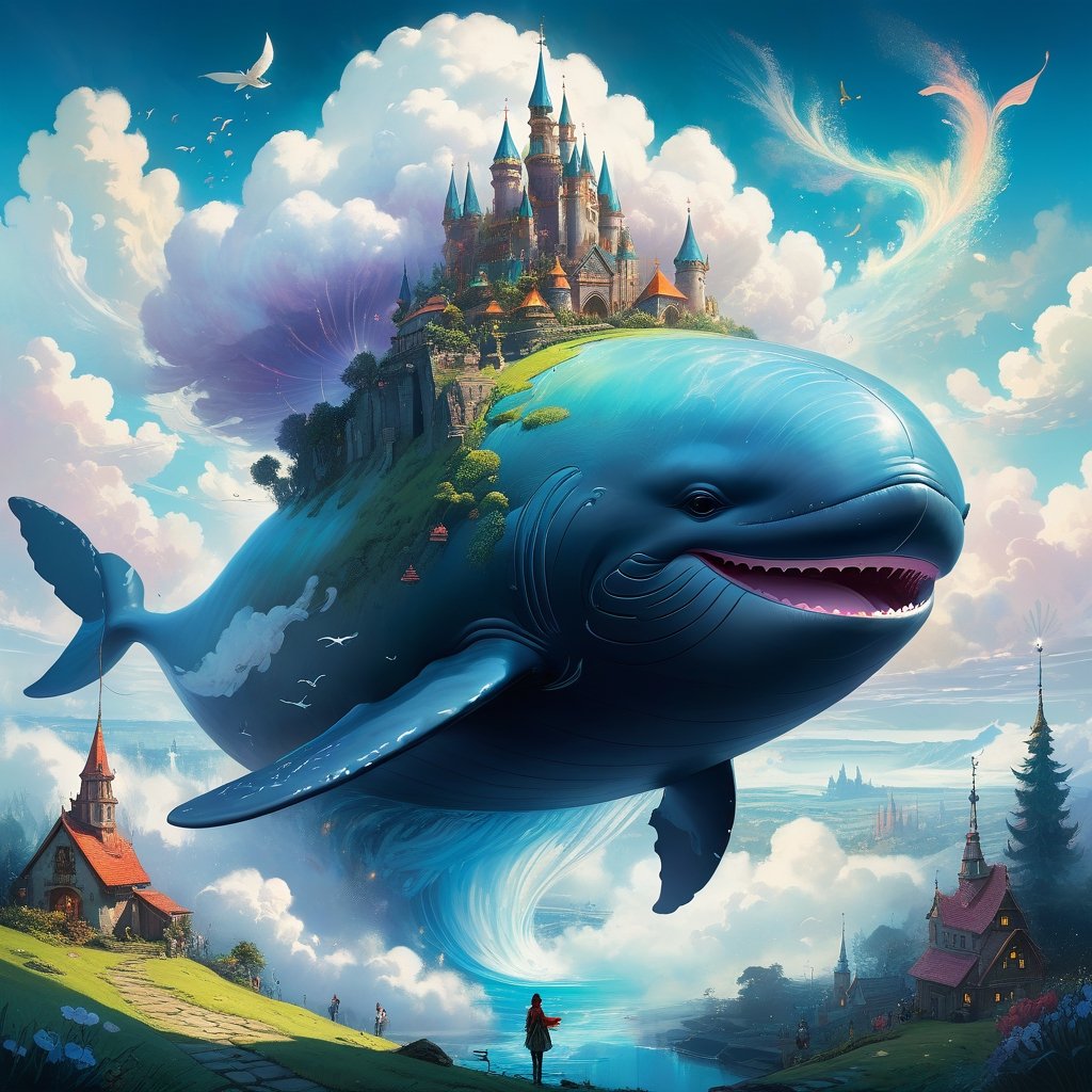 fairy village, fantasy shot of a giant cloud whale in the sky with a fairy kingdom on its back: clouds: bright: cloud castles: spires: vibrant: wispy: fantastical: watercolor by heikala: by yoshitaka amano, ismail inceoglu, Steven spazuk, victo ngai: hyperdetailed: 8k resolution splash art: concept art: album cover art: fantasy: by Bella Kotak: intricately detailed: bright colors || fantasycore