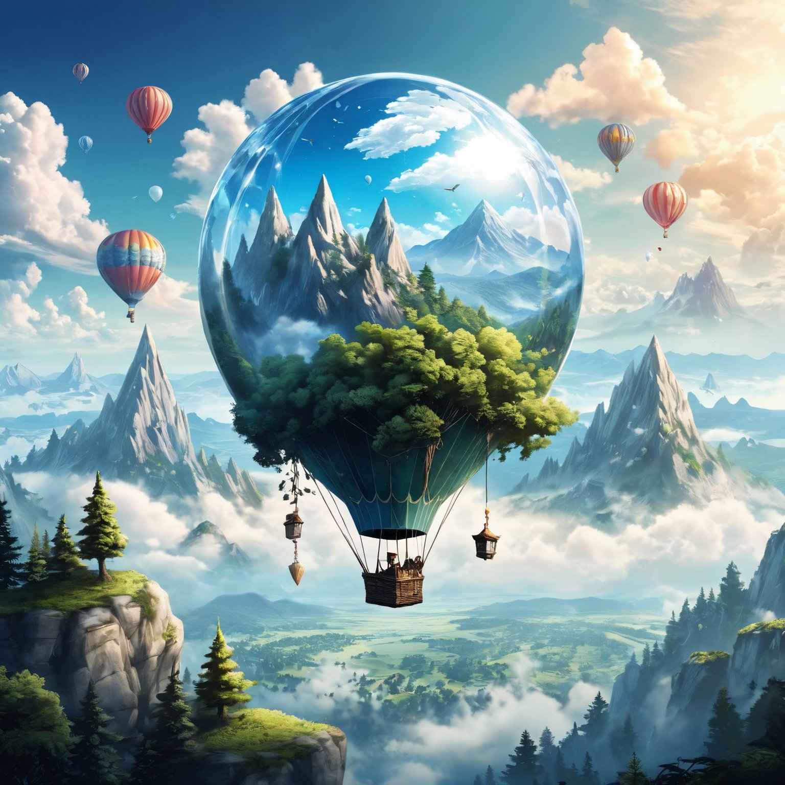 outdoors, sky, cloud, tree, no humans, nature, scenery, crystal, mountain, fantasy, balloon