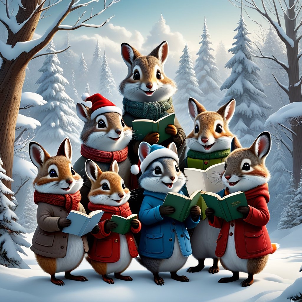 Winter style, a group of adorable animal christmas carolers, woodland-animals-choir, holiday caroling costumed woodland critters, unique characters, in a snowy winter wonderland, holiday theme christmas aura, 3D, fine line art, 2d cute, digital surrealism illustration, perfect flowing composition, beautiful digital illustration by yoshitaka amano, dan mumford, Nicolas delort, jeff koons, photorealism, crisp, UHD, fantasy, gorgeous linework, a complex and intricate masterpiece, cel-shaded, clean and sharp