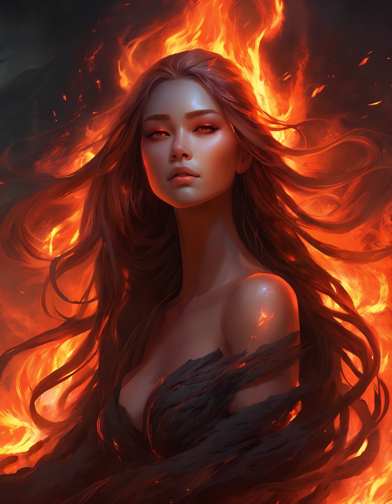 a hyperrealistic digital painting, a vengeful lava monster goddess, hunched over and turning to face us, long flowing glowing lava hair, lava rock body with fiery cracks, wreathed in flame, inspired by mtg artists and charlie bowater and da vinci, detailed backgrounds, 4d, smooth and crisp, atmospheric perspective, horror fantasy || a woman sitting on top of a rock covered in lava, dramatic digital art, woman crying, diffuse, soulslike, avatar image, there is a glow coming from her, nether, smoky lighting, dark soul, transforming